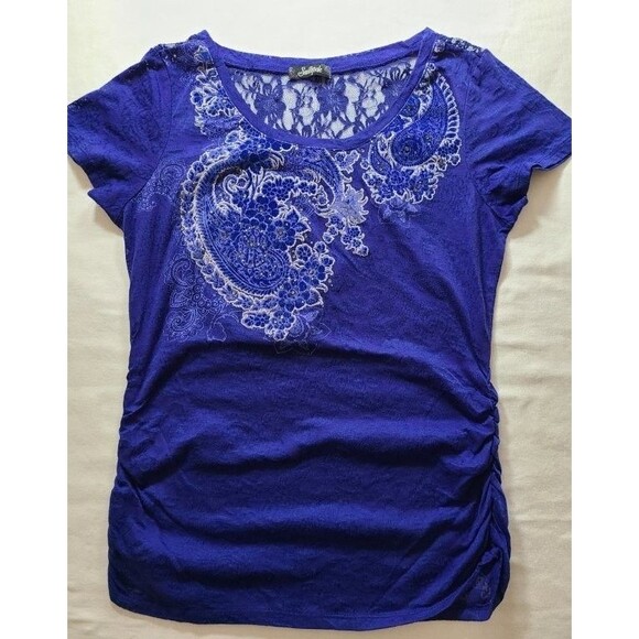 SouthPole Blue Velvet Tee Size Small Ruched Sides Floral Lace Top - Picture 1 of 8